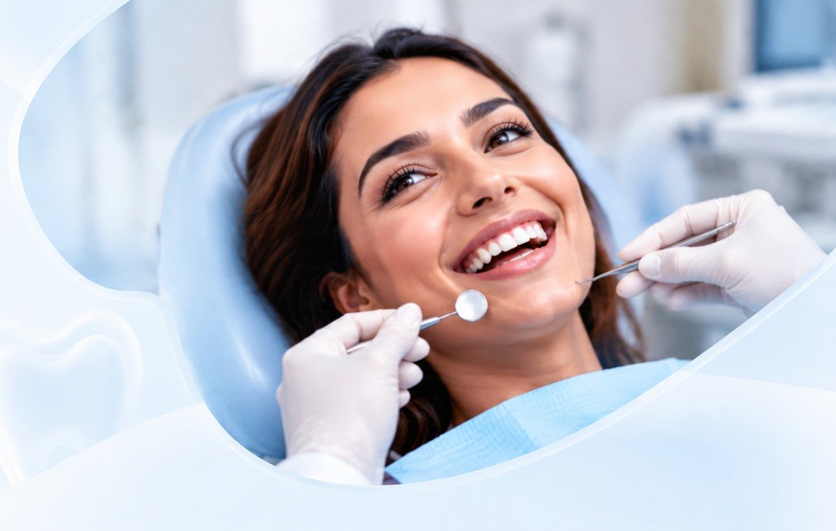 Smiling woman reclining in a dental chair while a dentist examines her teeth with a mouth mirror