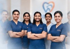 The SAJ Dental Clinic team in navy scrubs standing together with arms crossed