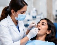 Dentist in a mask examining a smiling patient in the dental chair